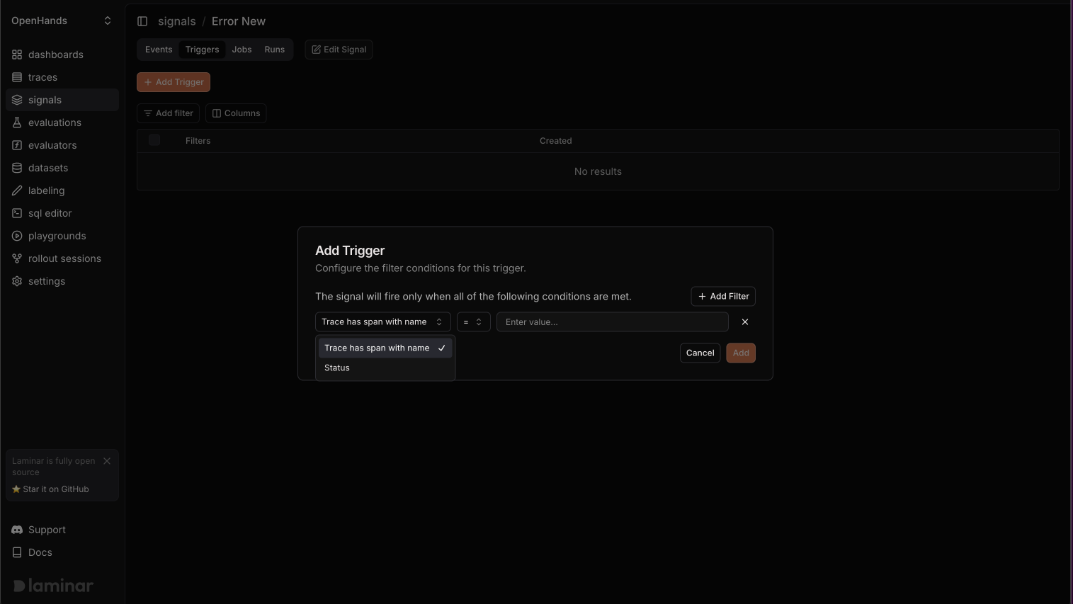 Add trigger dialog with filters