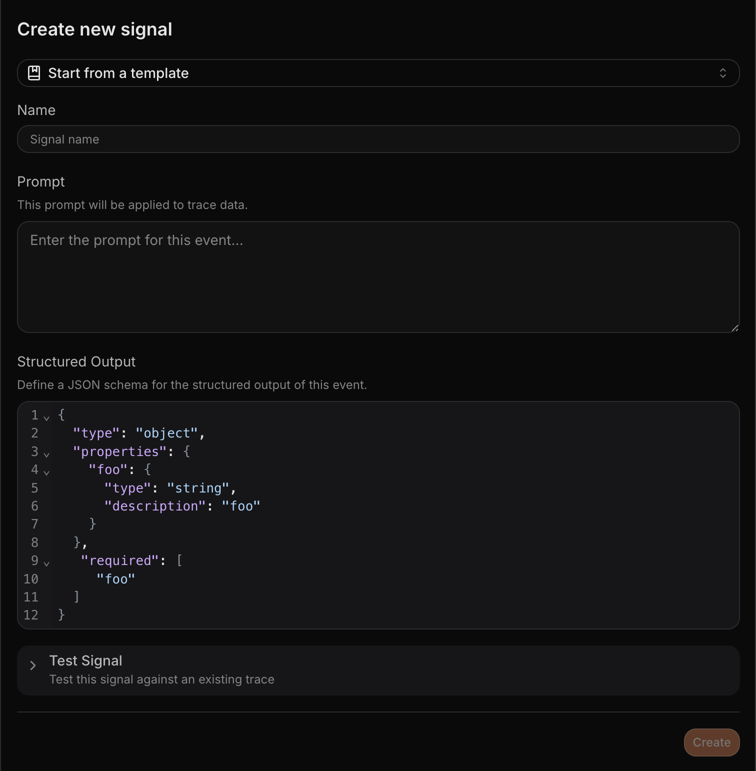 Create signal dialog with prompt and schema